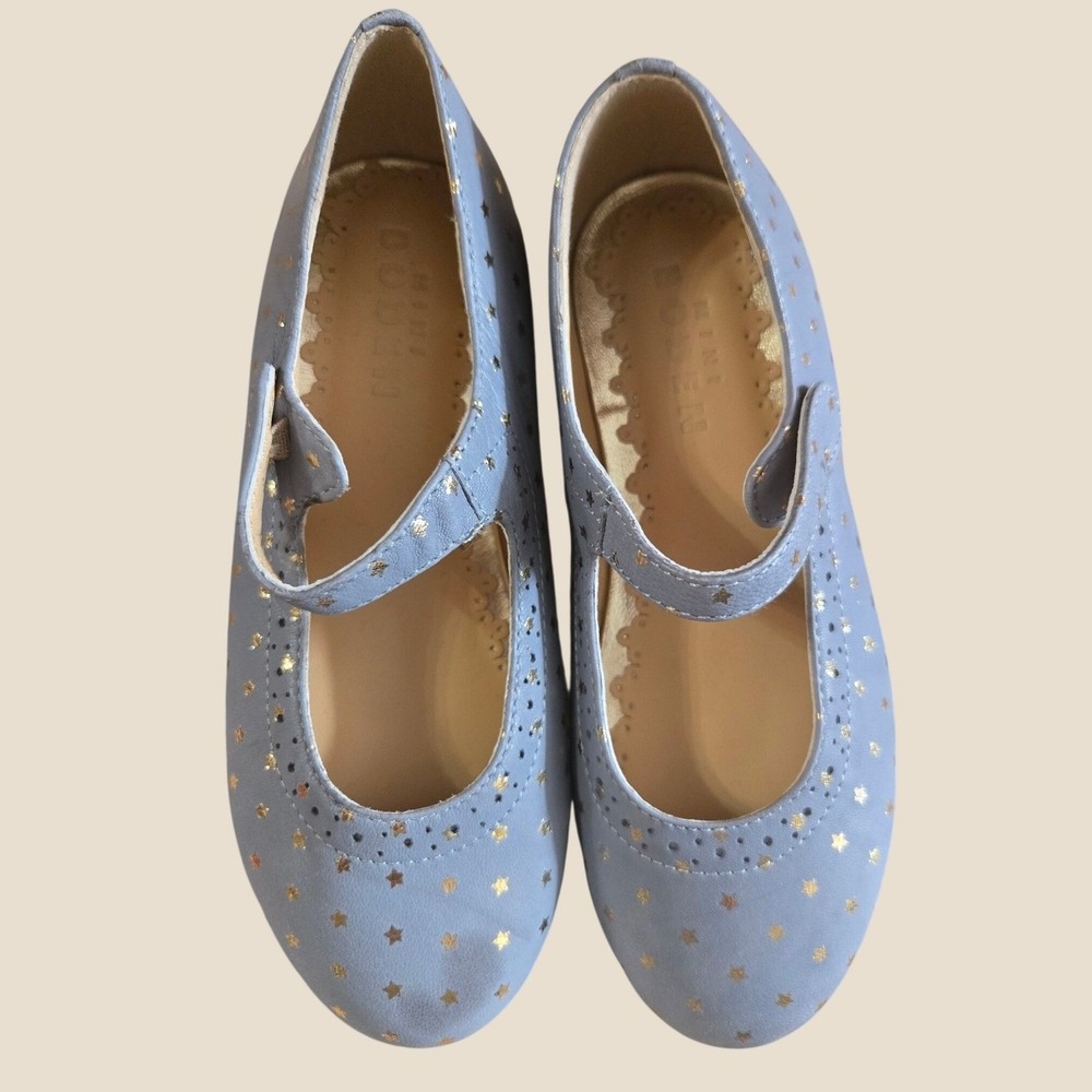 Mini Boden Girls Blue Leather Gold Star Mary Jane Flats Shoes Size EU 30
